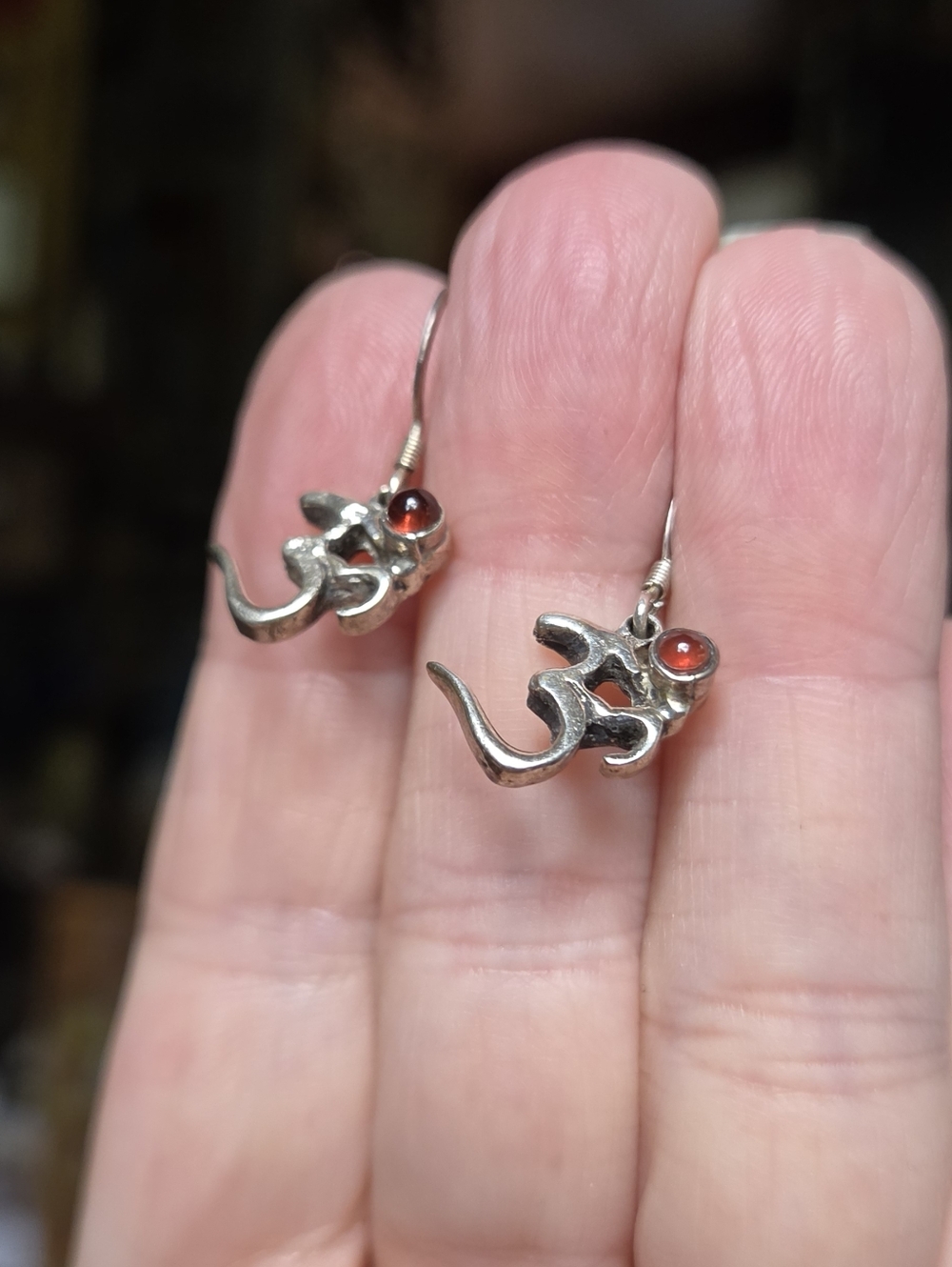 Sterling Silver OM Drop Earrings with Red Garnet Accent - Picture 2 of 5